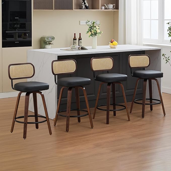 Swivel Counter Height Bar Stools Set of 4, 26 inch Bar Chairs with Curved Rattan Back, Upholstered PU Leather, Walnut Craftsmanship, Mid Century Modern Counter Stools for Kitchen Counter, Black