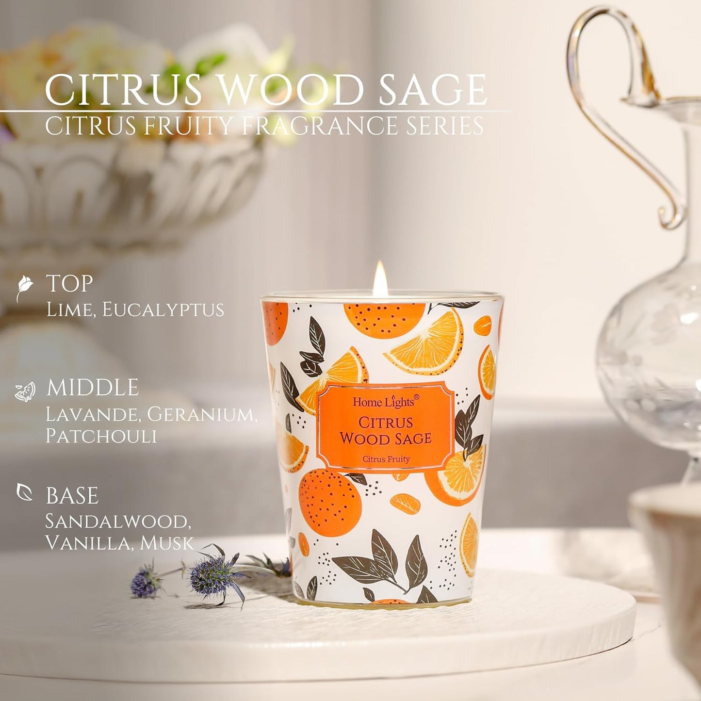 HomeLights Citrus Wood Sage Scented Candles | 6.7oz Soy Candles Eclectic Mixed Styles Large Candle Jars | Ideal Candle Gifts for Events, Home Decor Stress, Relief & Relaxation