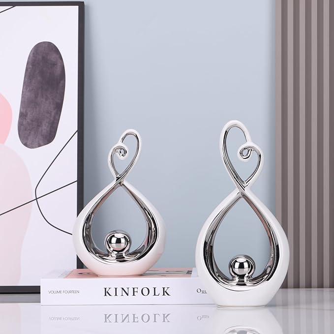 Silver Decor Accent, Porcelain Art Mid Century Modern Silver and Gold Decorations, Dining Table Objects, Abstract Ceramic Statue Sculpture - for Bookshelf Tv Stand Centerpiece Centro De Mesa