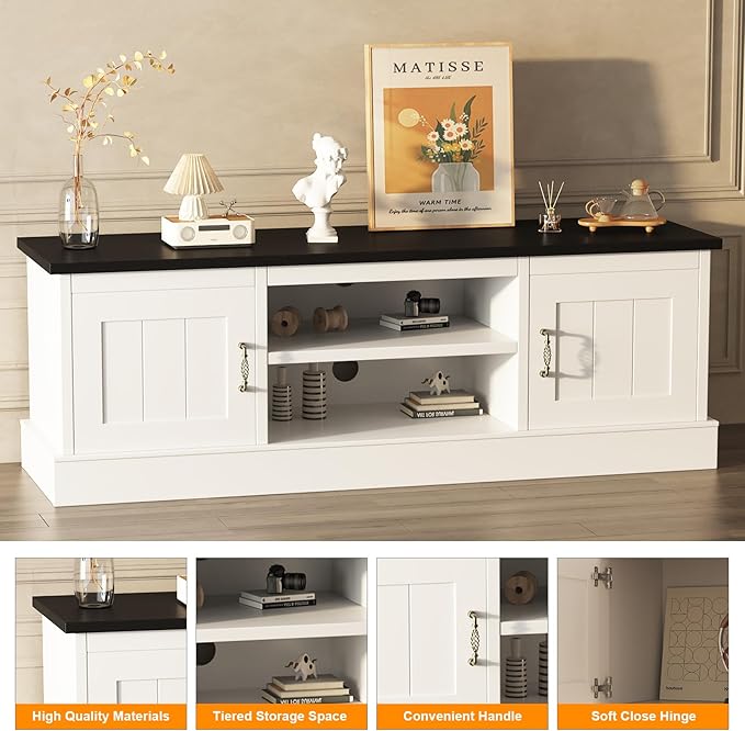 Farmhouse TV Stand for 65 Inch TVs Entertainment Center with Storage Cabinets Modern Media Console Table Rustic Wood Design for Living Room Office 61 * 17.7 * 21.7 Inch White&Black
