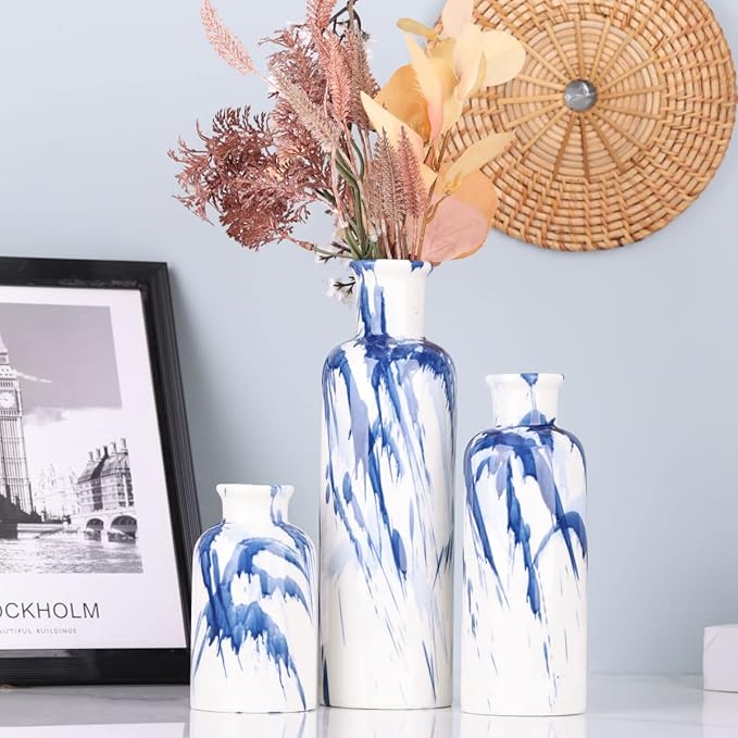 Blue Ceramic Vase Set of 3 - Decorative Navy Blue and White Vase for Centerpieces, Farmhouse and Home Decor - Ideal for Living Room, Kitchen, Bedroom, Dining Table and Office Decor