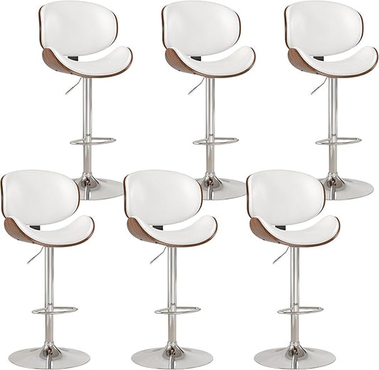 KCC Bar Stools Set of 6, Swivel Adjustable Height Barstools, PU Leather Upholstered Bar Chairs with Footrest, Bentwood Bar Stool for Kitchen, Bar, Dining Room(White PU)