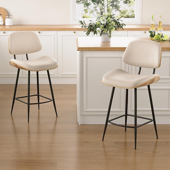 Mid Century Modern Bar Stools Set of 2, PU Leather Counter Height Stools with Walnut Bentwood Back & Metal Legs, 26.7" Barstools Kitchen Island Chairs with Footrest for Home Bars, Beige