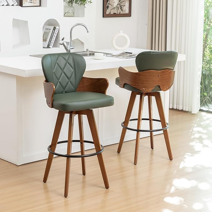 30” Swivel Bar Stools,Green Faux Leather Bar Height Stools with Armrest and Fishtail-Shaped Back,Mid Century Modern High Barstools,Walnut Bar Chair for Kitchen Island or Home Bar,1PCS