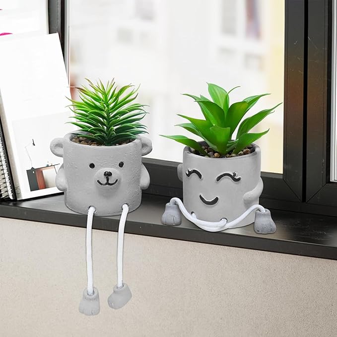 Zerzsy Faux Succulents in Cement Pots with Hanging Leg, Potted Mini Fake Plants for Office Desk Decor, Artificial Succulent Plants Indoor Decorations - Set of 2