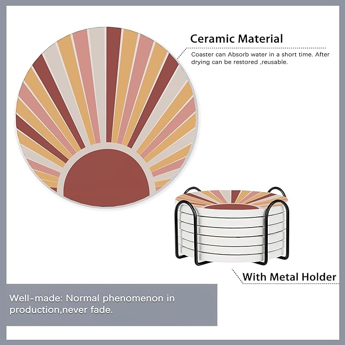 6 Pcs Coasters for Drinks with Holder,Minimalist Geometric Boho Absorbent Coaster with Cork Backing,Great Gift for Housewarming,Room Decor,Bar,Holiday Party