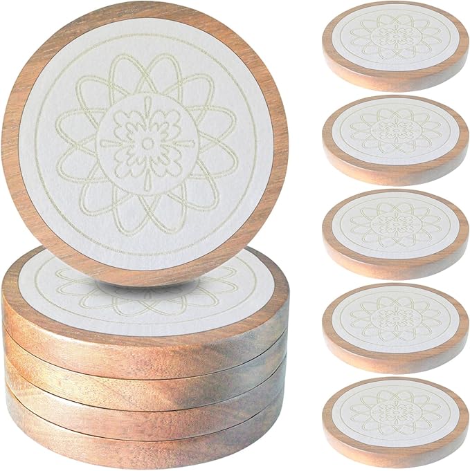 5 Pack Wood Coasters for Drinks, Minacun Absorbent Coaster Set, Drinks Coasters for Coffee Tabletop Protection, Non-Slip, Non-Stick, Suitable for Kinds of Cups Wooden Table Drink, 4.3 Inch White