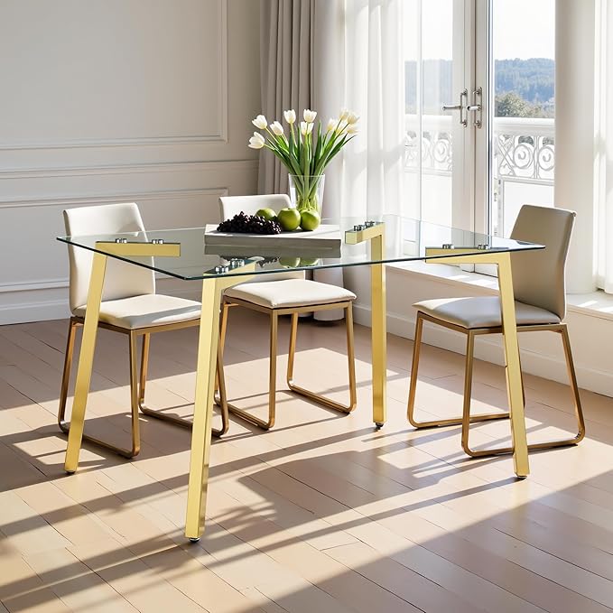 Dining Table for 6 Kitchen Table 51" Rectangular Modern Glass Dining Table Kitchen & Dining Room Tables with Glass Tabletop and Metal Legs for Dining Room and Kitchen, Gold