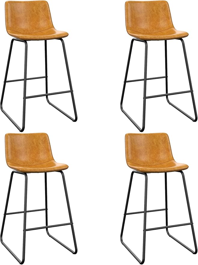 Bar Stools Set of 4, Modern Counter Height Bar Stools with Back, 26 inch Faux Leather Bar Stools with Metal Legs and Footrest, Urban Armless Dining Chairs for Kitchens Island (Brown)