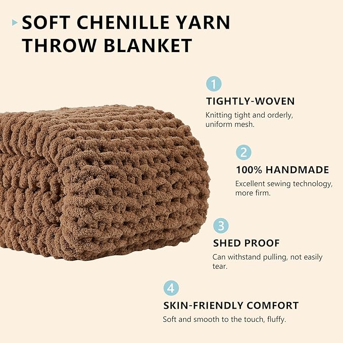 L'AGRATY Chunky Knit Blanket - Soft Chenille Yarn Throw - 60x80: Handmade Thick Cable Knit Crochet Blanket for Couch, Sofa, Bed & Home Decor