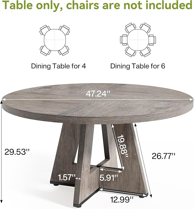 LITTLE TREE Round Dining Table for 4-6 People, 47 Inches Dining Room Table with Wooden Pedestal Base, Grey Dinner Tables, Circle Kitchen Tables for Dining Room, Kitchen, Living Room(Table Only)