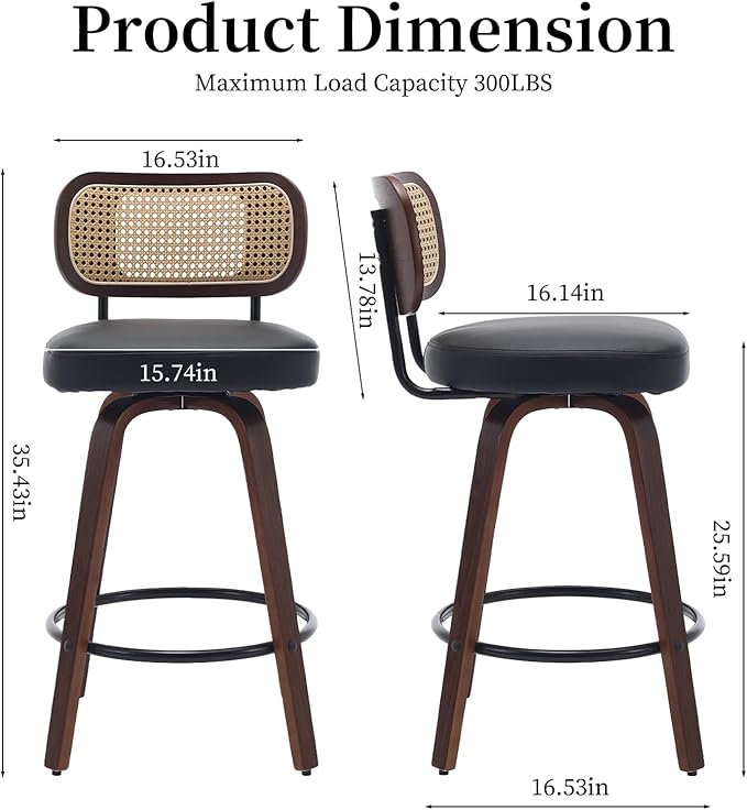Swivel Counter Height Bar Stools Set of 4, 26 inch Bar Chairs with Curved Rattan Back, Upholstered PU Leather, Walnut Craftsmanship, Mid Century Modern Counter Stools for Kitchen Counter, Black
