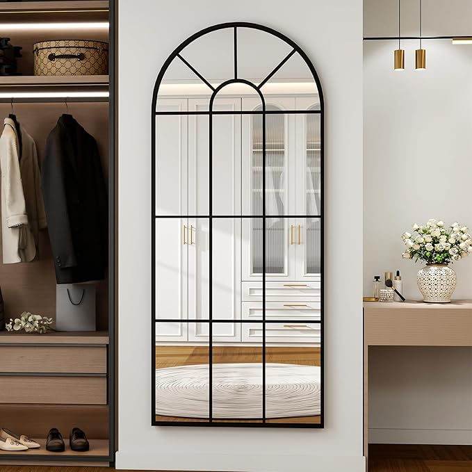 24"×65" Windowpane Arched Full Length Mirror, Grid-Designed Decorative Farmehouse Full Body Floor Mirror with Metal Frame Hanging Leaning for Entryway, Living Room, Home Decor, Black