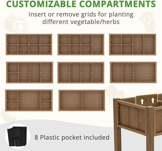 LUE BONA Elevated Planter Box with Legs and Shelf, 47 * 21 * 30in, 8 DIY Pocket HDPS Raised Garden Bed with Tools, 3-Year Warranty, No Crack, Large Outdoor Herb Raised Beds for Gardening Vegetables