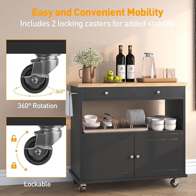 Rolling Kitchen Island with Storage Cabinet, 35.4'' Width Kitchen Cart, 2 Drawers Island Table, Portable Mobile Kitchen Island with Towel Rack, Wood Top and Lockable Wheels, Black