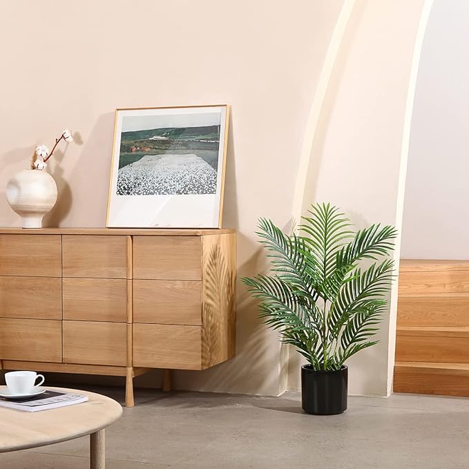 LOMANTO Fake Majesty Palm Plant 3Ft Artificial Plants for Home Decor Indoor Small Faux Trees in Pot Fake Tropical Plants for Housewarming Gift 1Pack