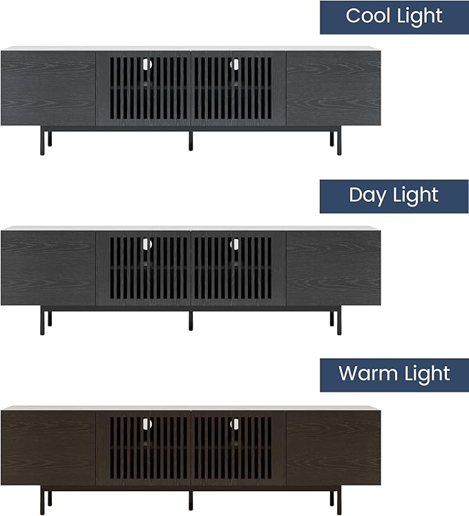 POVISON Mid Century Modern Sintered Stone TV Stand, Slatted Media Console TV Cabinet with Tall-cast Metal Legs, Fluted Entertainment Center with Storage, Fully-Assembled (Black, 78.74")