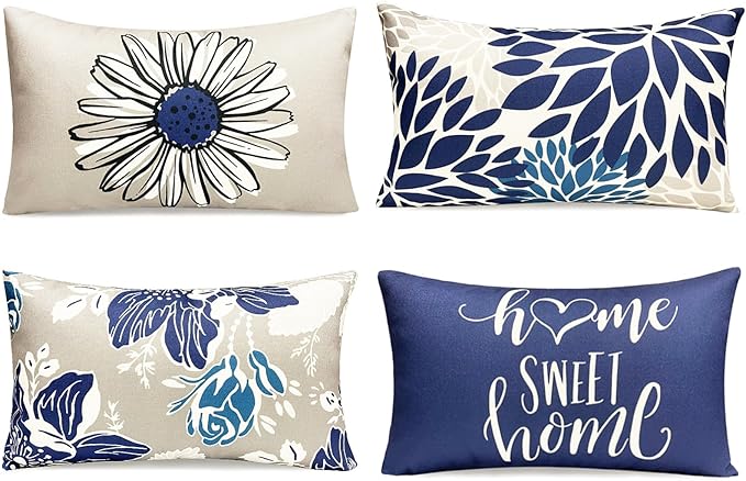 Decorative Throw Pillow Covers Set of 4 Blue Pillow Covers 12x20 inch Throw Pillow Cases Linen Square Pillow Case,Farmhouse Outdoor Modern Boho Pillow Covers for Couch Sofa Living Room