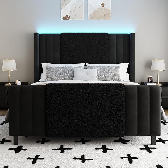 Queen Size Bed Frame with Tall Headboard and Footboard, Boucle and Velvet Upholstered Bed Frame Queen with LED Lights, Modern Platform Bed Frames, Noiseless, Easy Assembly, Black