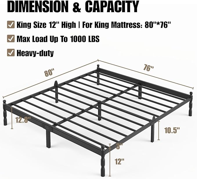 12 Inch King Size Bed Frame Keep Mattress from Sliding, King Platform Bed Frames No Box Spring Needed, Heavy Duty Metal Bedframe, Non-Slip, Easy Assembly