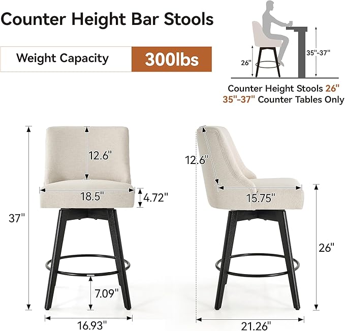 Vipbear Counter Height Bar Stools Set of 2, 26" H Swivel Bar Stools with Backs, Linen Fabric Upholstered Bar Chairs with Solid Wood Legs for Kitchen Island, Dining Room, Home Bar, White