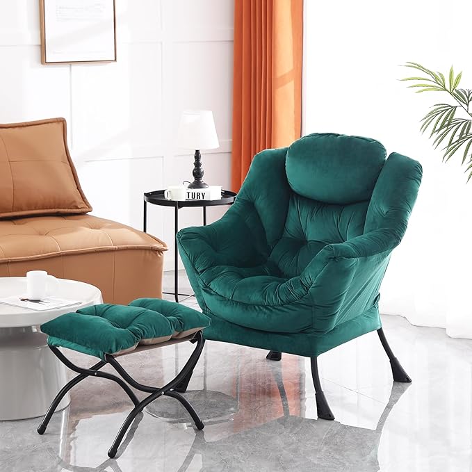 Lazy Chair and Ottoman, Large Accent Lounge Chair with Armrests and a Side Pocket, Modern Leisure Upholstered Sofa Reading Armchair with Footrest for Bedroom, Living Room, Dorm Rooms, Office