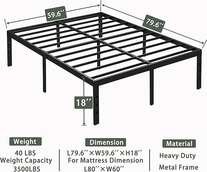18 Inch Queen Bed Frame Metal, Platform Bed Frame Queen Size No Box Spring Needed, Easy Assembly, Heavy Duty, Noise Free