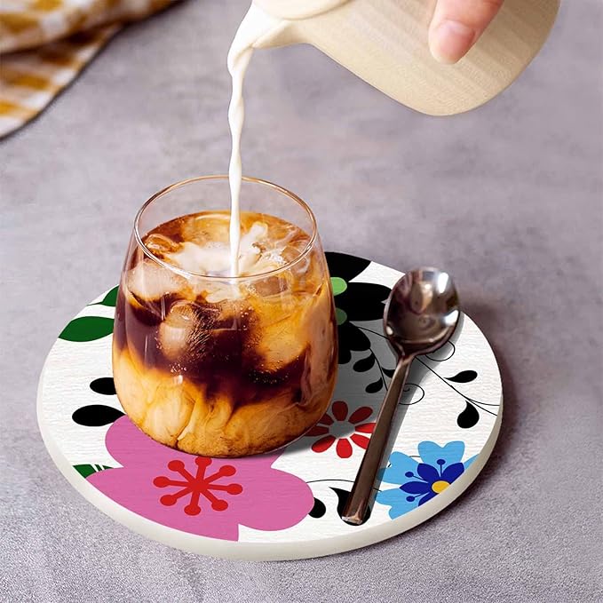 Colorful Flowers Coasters for Drinks Office Coffee Table Beautiful Cartoon Spring Botanical Floral Bloom Living Room Decor Set of 2 for Cold Drinks Wine Mugs and Cups 4 Inch