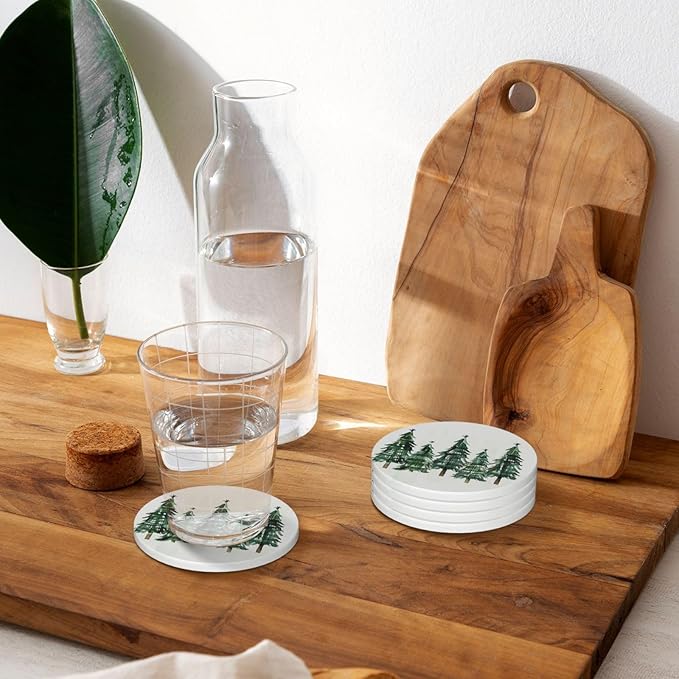 Christmas Xmas Tree Coasters for Drinks Absorbent Ceramic Coaster Set of 4 for Coffee Table Cup Bar Coasters with Cork Base Round Stone Mats Holiday Housewarming New Home Decors