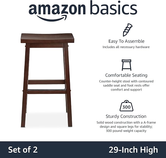 Amazon Basics Solid Wood Saddle-Seat Kitchen Counter Barstool with Footrest, Easy Assembly - 29-Inch Height - Walnut - Set of 2