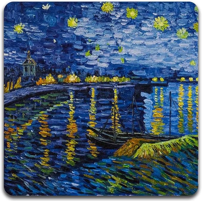 Van Gogh Style Watercolor Painting Square Coaster Set - Made of Recycled Rubber - Set of 4