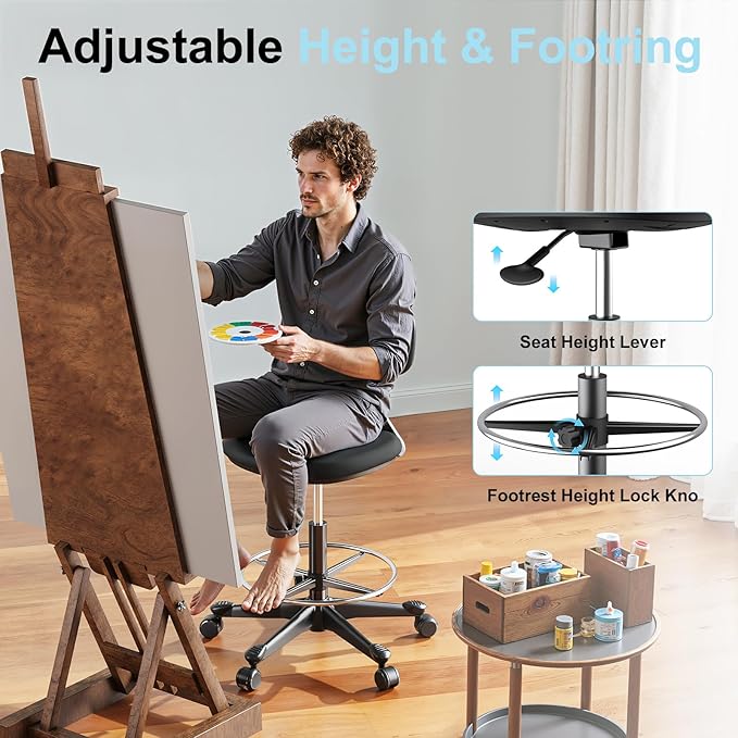 Drafting Stool with Back Support – Height Adjustable Standing Desk Stool with Back & Foot Rest | Auto-Lock Casters,Ergonomic |Tall Standing Desk Chair for Studio, Lab, Office or Home