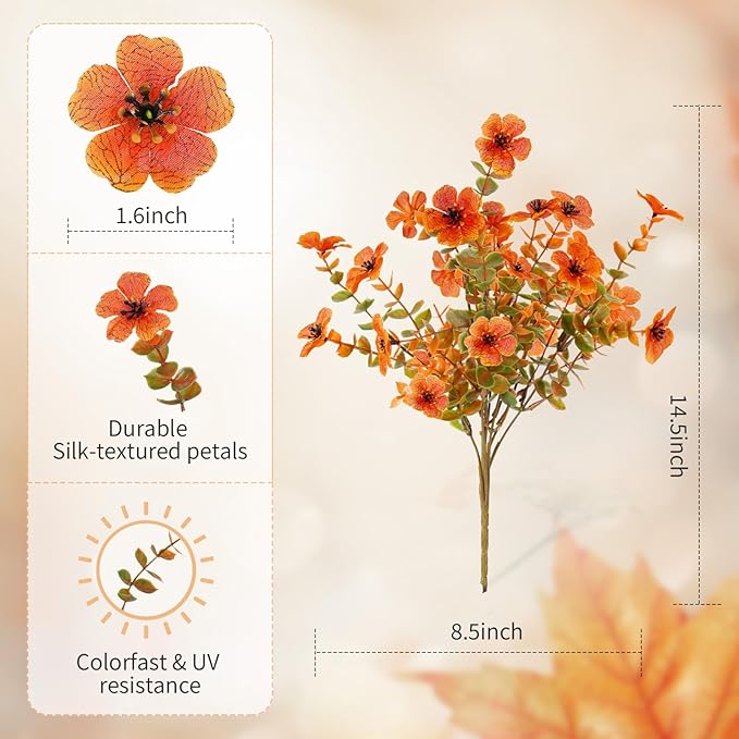 Artificial Mums Fall Fake Flowers for Outdoors, 12 Bundles Faux Mums for Outdoor Planters Autumn Decorations,UV Resistant Silk Flowers Plastic Plants for Front Porch Garden Patio Home Decor (F-Orange)