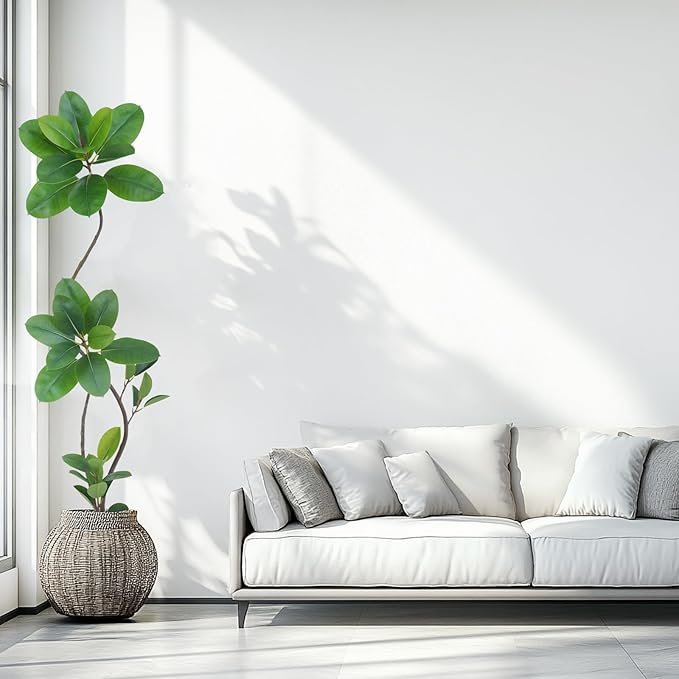 Artificial Rubber Tree Plant, 6ft Tall, Green with Round Planter, All Season Home Decor (Green,6ft)