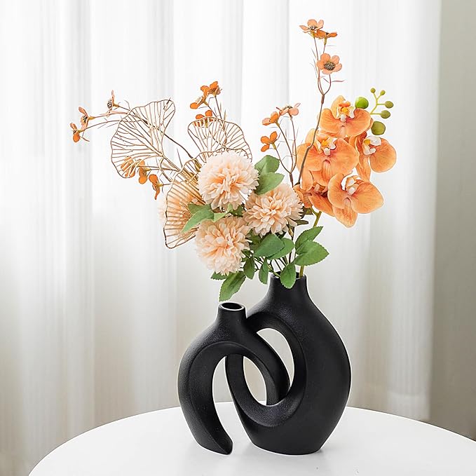 Black Hollow Ceramic Vase Set of 2, Snuggle Round Boho Donut Modern Vase Nordic Minimalist Decorative Vase for Modern Trendy Home Table Centerpiece Decor (W 6.3" X H 8")