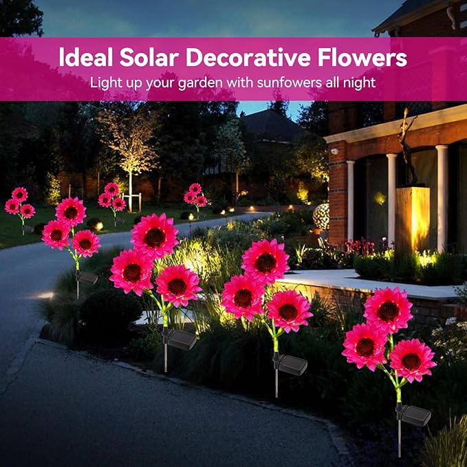 Solar Garden Flowers Lights Outdoor Waterproof Sunflower Solar Lights for Yard Decorations Garden Decor 3 Pack for Yard Patio Lawn Gift for Mom Women Mother's Day (Pink Sunflower)