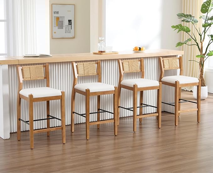 CIMOTA Rattan Counter Height Bar Stools Set of 2, 26" Farmhouse Barstools with Woven Backs, Boho Oak Wood Bar Stool Chairs Linen Upholstered Counter Stools for Kitchen Island/Counter