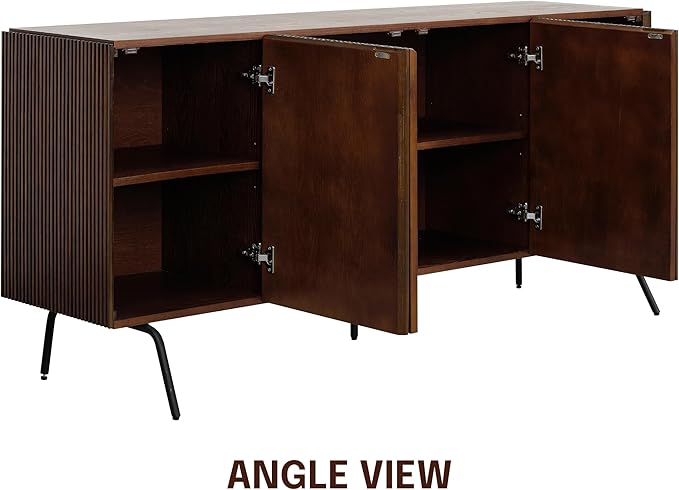NTC Veil Modern Sideboard with 4 Doors, Buffet Cabinet with Vertical Groove Design and Metal Legs, Storage Cabinet for Living Room, and Hallway, Effortless Assembly - Dark Walnut