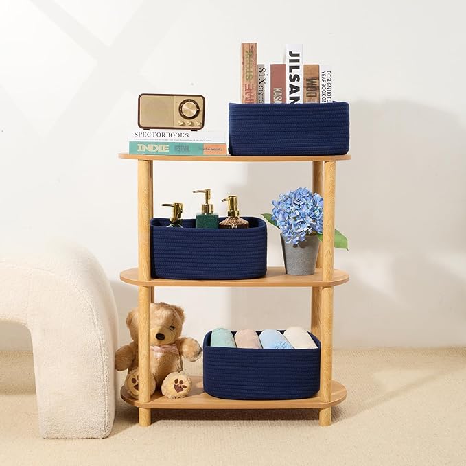 Small Storage Baskets for Organizing | Closet Organizer Bins | Shelf Toy Basket | Woven Rope Baskets | Cube Decorative Box | Shallow Basket | 13x8.5x5.1” | 4 Packs Navy Blue
