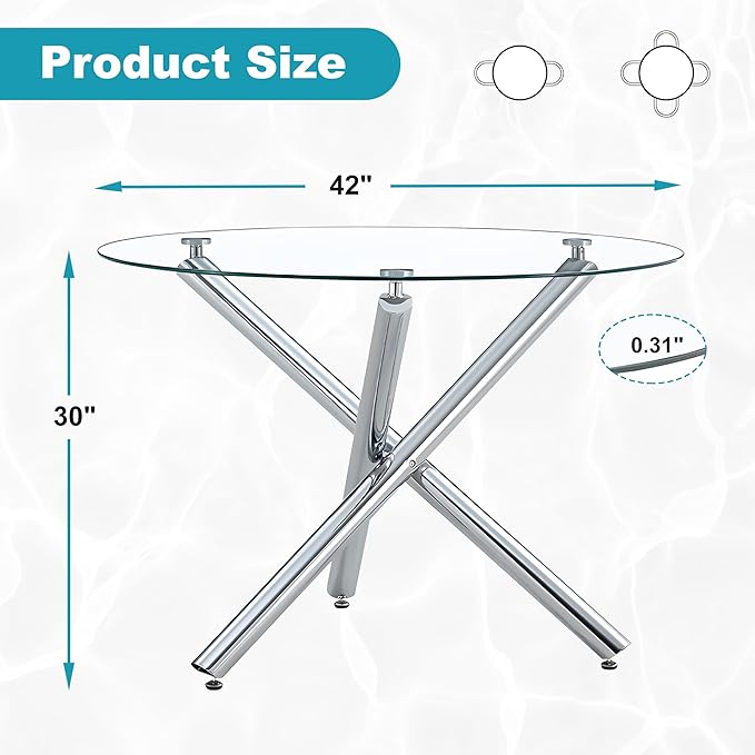 Kitchen Table Classic Dining Table for 4 Round Glass Dining Table 42" Kitchen & Dining Room Tables with Metal Legs and Glass Tabletop for Dining Room and Apartment, Silver