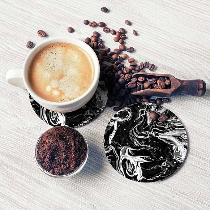 Black Artistic Graphic Dye Coasters for Drinks Office Coffee Table Monochrome Water Surface Art Fluid Ink Liquid Living Room Decor Set of 2 for Cold Drinks Wine Mugs and Cups 4 Inch