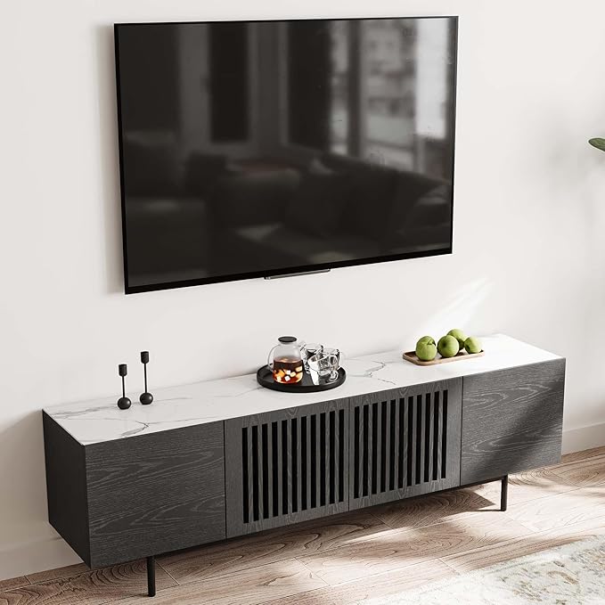 POVISON Mid Century Modern Sintered Stone TV Stand, Slatted Media Console TV Cabinet with Tall-cast Metal Legs, Fluted Entertainment Center with Storage, Fully-Assembled (Black, 70.87")