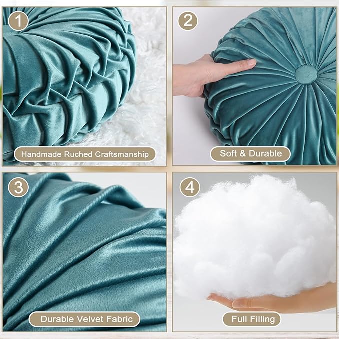 HIG Set of 2 Teal Ruched Velvet Round Throw Pillows – 14.5’’ Decorative Pillows with Soft Polyester Filling for Couch, Bed, Living Room, Bedroom, or Dorm – Handmade, Stress Relieving, All-Season