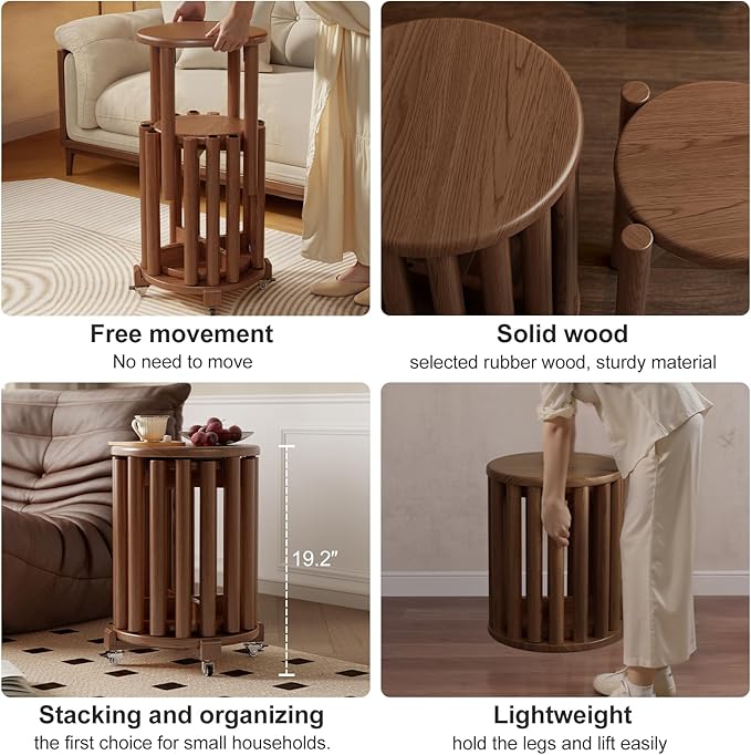 Stackable Stools Set of 4, Wooden Stool 18 Inch Stool Stackable Side Tables Nesting Table Sturdy and Durable, No Installation Required for End Table,Top Stackable Round Stools (Walnut Mobile)