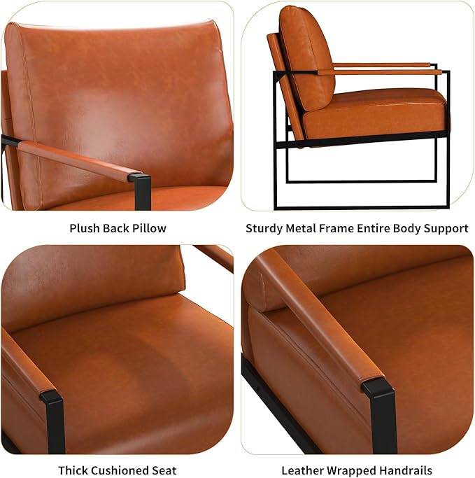 Phoenix Home PU Leather Accent Chair Set of 2, Leisure Metal Framed Armchair with Extra Soft Padded and Cushion, 105 Degree Slant Back, Modern Reading Arm Chair for Living Room/Office/Bedroom， Brown
