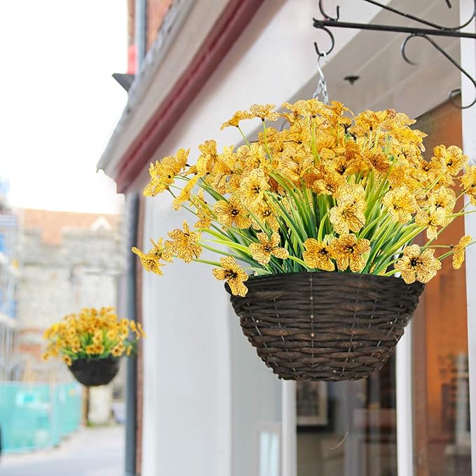 12 Bundles Artificial Flowers Outdoor UV Resistant Flowers No Fade Faux Plastic Plants Garden Porch Window Box Decorating (Yellow)