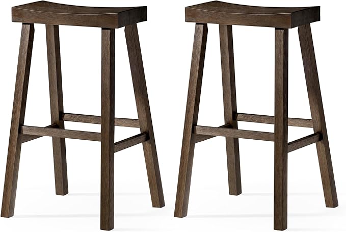 Maven Lane Kitchen Bar Stool, Modern Farmhouse Wood Barstool, Kitchen Island Chairs, Pub Bar Height Stools For Kitchen, Wide Comfortable Seat Backless Bar Stools, Vincent 31", Antiqued Brown, Set of 2