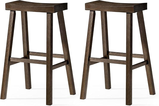 Maven Lane Kitchen Bar Stool, Modern Farmhouse Wood Barstool, Kitchen Island Chairs, Pub Bar Height Stools For Kitchen, Wide Comfortable Seat Backless Bar Stools, Vincent 31", Antiqued Brown, Set of 2