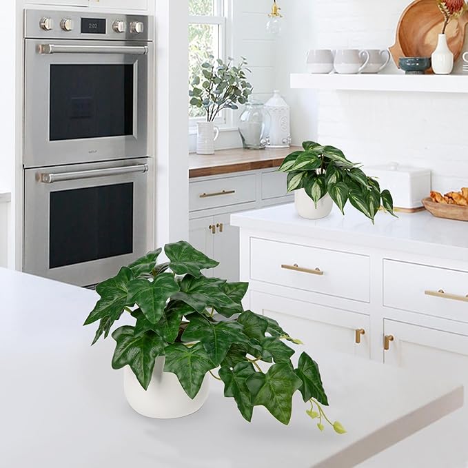 Fake Plants Set of 2 Artificial Plants Faux Ivy Pothos with White Ceramic Pots Fake Potted Plants Artificial Decor for Home Bathroom Shelf Desk Indoor