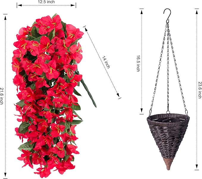 Artificial Bougainvillea Faux Flowers Plants Baskets for Outdoor Outside Summer Decoration, 3 PCS Fake Silk Long Hanging Vines UV Resistant Realistic for Front Door Porch Patio Balcony Yard, Red
